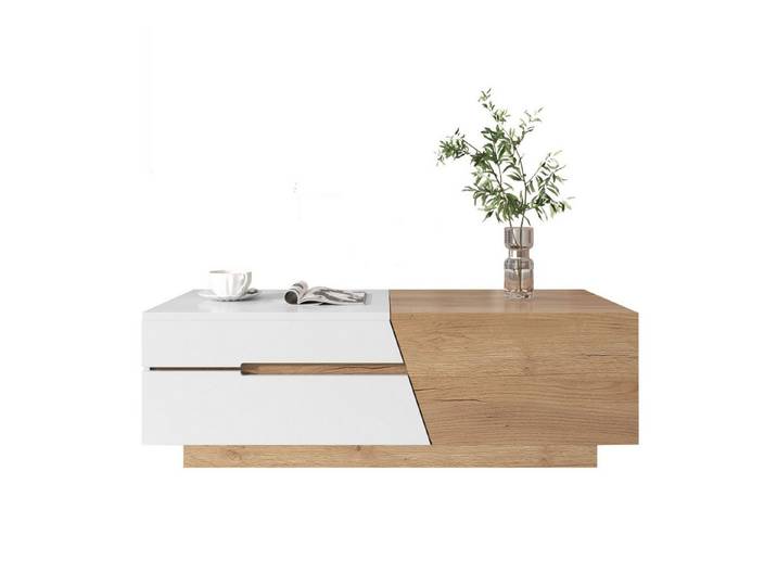 Rutaqian Couchtisch Ausziehbarer Couchtisch mit 2 Schubladen,120x50x37.5 cm (Schlanker, Moderner Look, Beistelltisch mit Farbblockstruktur, Seitentisch Weißes und Natürliches Holzdekor), Wohnzimmertisch Einzigartiger Schiebemechanismus