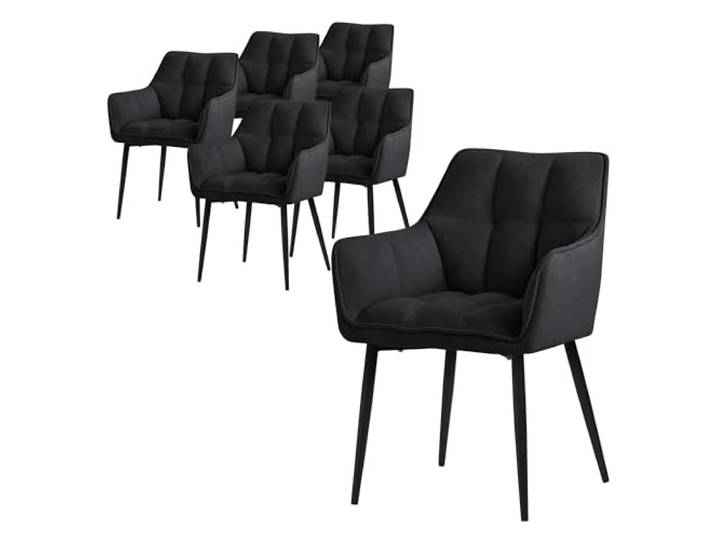 ML-Design Esszimmerstühle 6er Set aus Frotteestoff, Schwarz, Küchenstuhl dickem gepolsterter Sitz & Metallbeinen, Wohnzimmerstuhl mit Rücken- und Armlehnen, Polsterstuhl, Ergonomischer Loungesessel