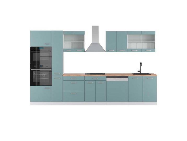 Cuisine R-Line 350cm avec armoire haute PT Chêne Bleu-gris/Blanc Vicco 42726