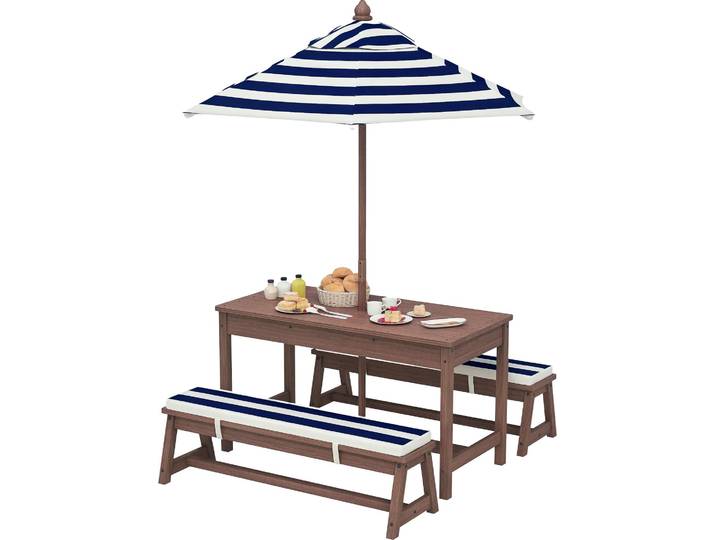 AIYAPLAY Ensemble salon de jardin extšŠrieur enfant\, table pique-nique enfant avec bancs\, coussins et parasol amovible\, pour jardin\, pelouse\, camping\, rayšŠ bleu marine et blanc
