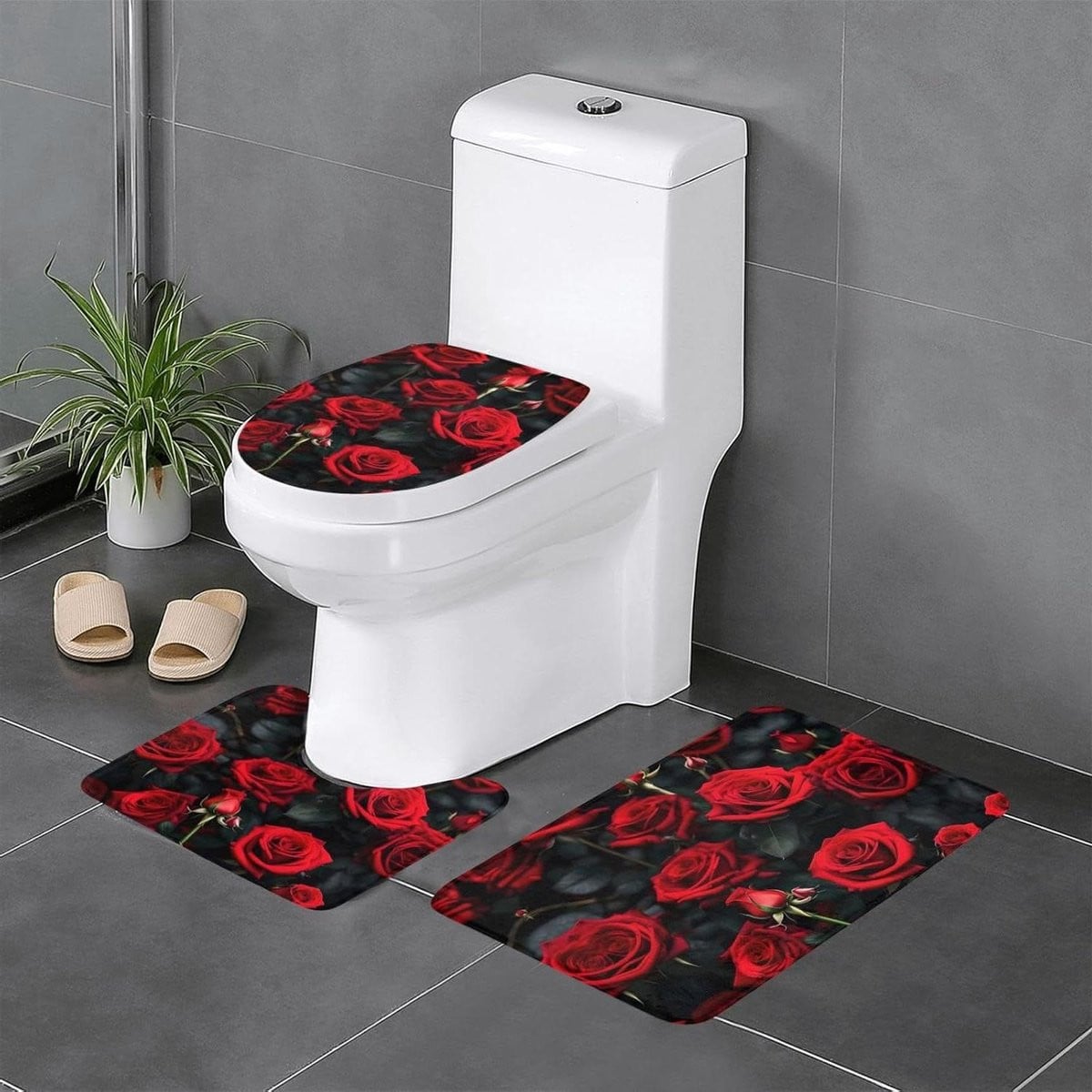 Set van 3 waterabsorberende badkamermatten met roos bloem ontwerp