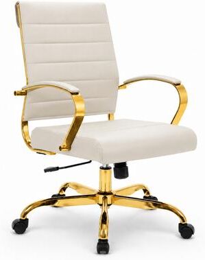LeisureMod Benmar Modern Ribbed Leather Office Chair - Ergonomic Swivel Executive Desk Chair with Gold Steel Frame, Recline & Casters