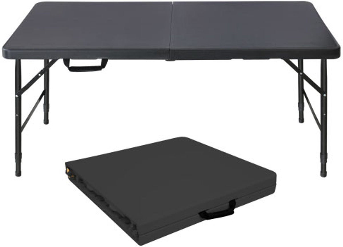 Verstelbare vouwtafel zwart met handvat voor camping en tuin, B/D/H: 125 x 61 x 58-74 cm