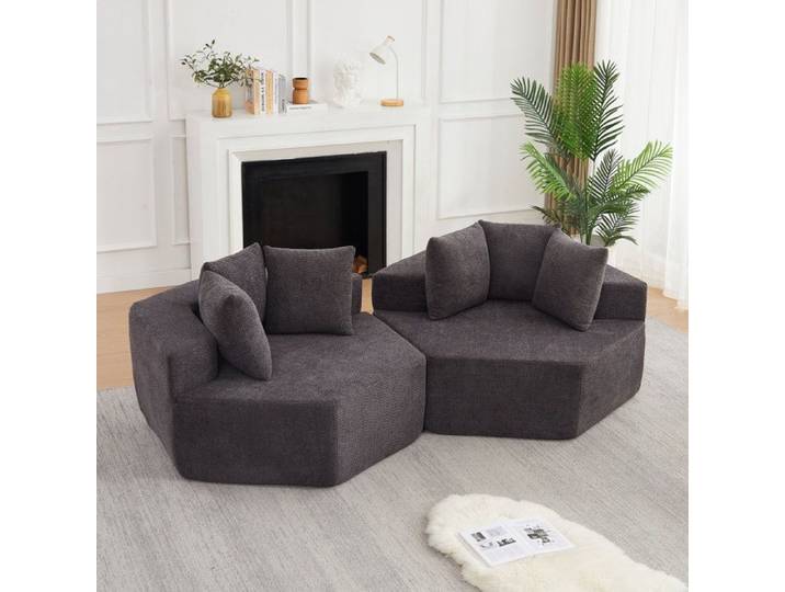 Fauteuil Modulaire Hexagonal avec 3 Coussins - ELVMI - Tissu Antiderapant Chenille Bouclee - Gris