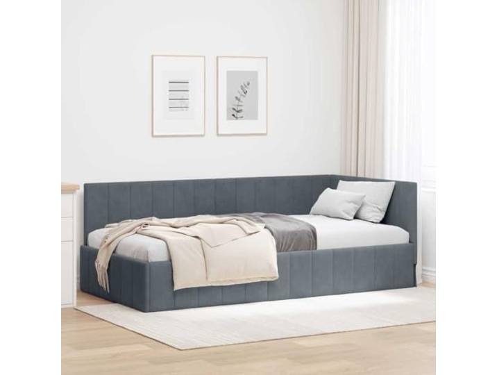WDGJJFECNMUEHI Samt L Form Platzsparend Eckbettrahmen Grau 100x200 cm Eckbettgestell mit Kopfteil Dunkelgrau 100x200 cm Samt L-Form Bettrahmen mit Lattenrost, platzsparendes Sofa-Bett für