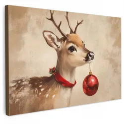 LEINWANDBILD Weihnachten - Hirsch - Geweih - Weihnachtskugel - Rentier Gemälde 60x40 cm