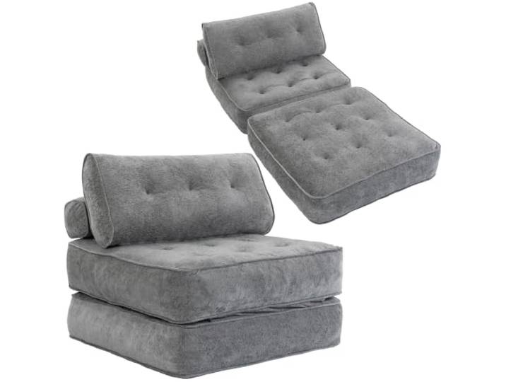 HOMCOM 3-in-1-Bodensessel aus Chenille, klappbarer Schlafsessel und Einzelbett, rahmenloses Cloud-Design mit dickem Stützpolster und Lendenkissen, hellgrau