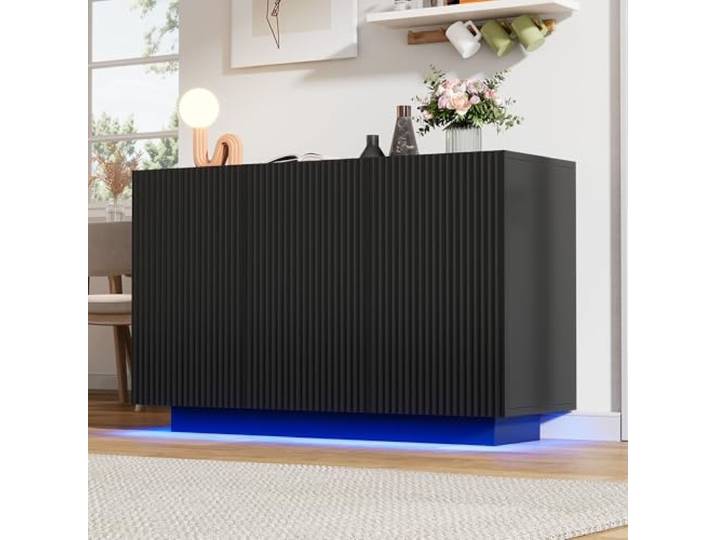 Merax Sideboard mit LED-Beleuchtung, Küchenschrank mit 3 Türen, Modern Kommode Anrichte Schrank Beistellschrank Mehrzweckschrank Standschrank Flurschrank, für Esszimmer, Wohnzimmer, Schwarz, 120cm