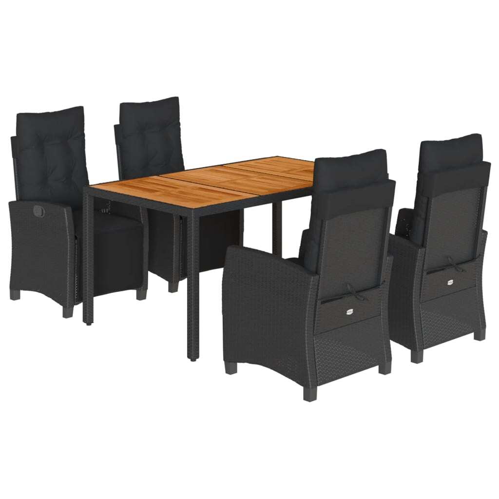 Garten-Essgruppe 5-tlg., verstellbare Sessel mit Kissen, Poly Rattan Schwarz, Akazienholz Tisch 150x90 cm, UV-beständig