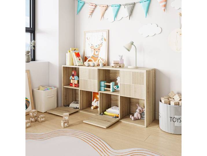 Bibliothèque Buffet 125cm Effet Bois Naturel - Portes Persiennes - 4 Niches Ouvertes - Meuble Rangement Scandinave Pour Salon