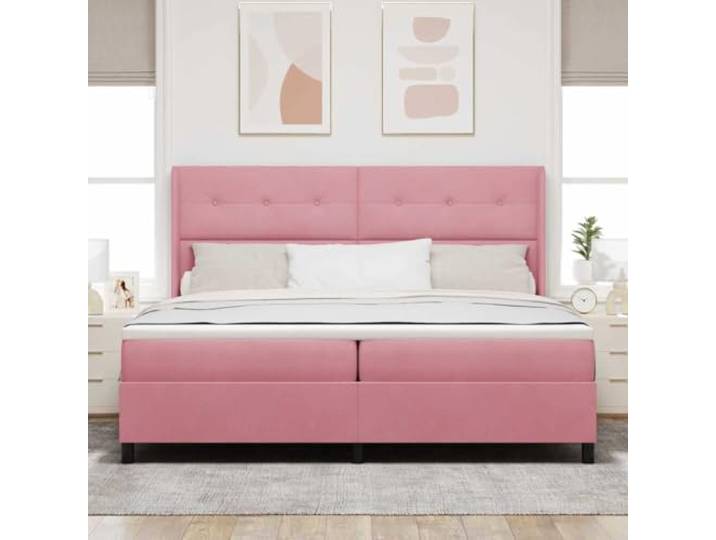KTHLBRH Boxspringbett mit Kopfteil rosa 200x200 cm Samt Kopfteil verstellbar, Taschenfederkernmatratze, Gestell aus Holz, Unterstützung 280 kg