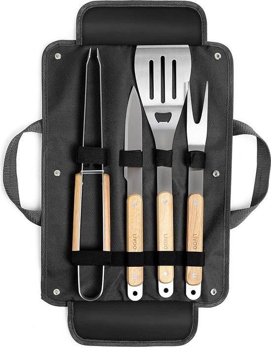 Set grillaccessoires van roestvrij staal met transportbox en vleesthermometer, zwart