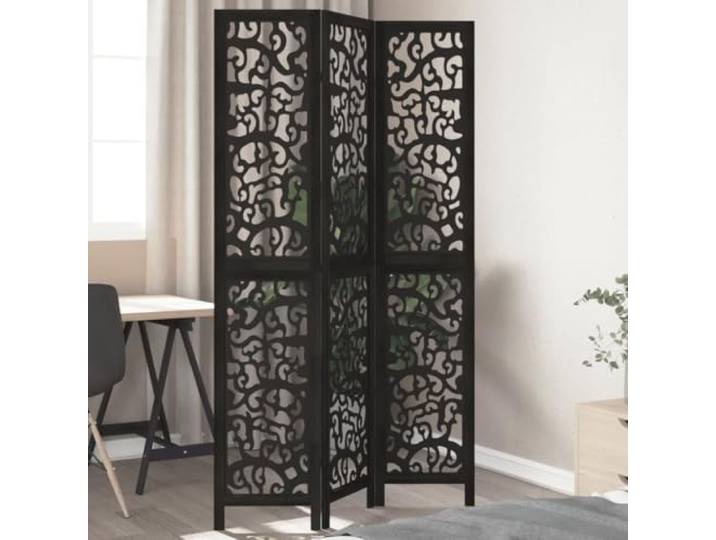 NLQMSU Trennwand, 3 Paneele, schwarz, aus massivem Paulownia-Holz Faltbarer Raumteiler für den Innenbereich, elegantes Loch-Design, langlebige Metallscharniere, robustes Naturholz