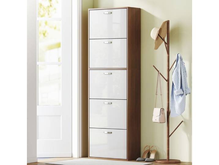 Meuble à chaussures Armoire à Chaussures design contemporain 5 portes Blanc et Marron Foncé 60 x 28 x 189 cm