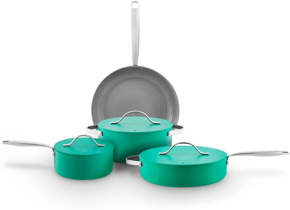 Sur La Table Colour Me Happy 4 Piece Cookware Set, 28cm Frying Pan, 20cm Saucepan, 24cm Casserole, 28cm Multi-Pan, Lids with Steam Release Vents (No Lid with Fryin Green 4