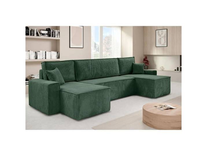 Ecksofa HEKTOR U-Form mit Schlaffunktion und Bettkasten, Couch in Dunkelgrün, Ottomane 100 cm