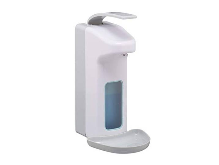 Relaxdays zeepdispenser, 1000 ml, lekbak, armhendel, desinfectiemiddel, zeep, wandmontage, dispenser, wit