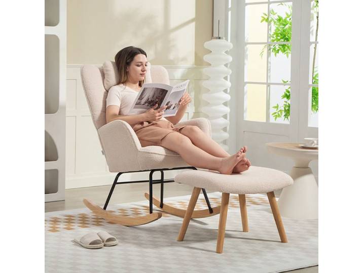 Fauteuil à bascule - Wingback capitonné - Beige polaire - Repose-pieds inclus - Dossier haut ergonomique