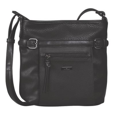 Umhängetasche TOM TAILOR "JUNA", Damen, Gr. B/H/T: 24cm x 7,5cm, schwarz, Polyurethan (PU), Taschen Umhängetasche, mit Details in Metallic Optik