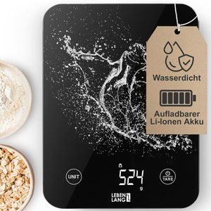 LEBENLANG Küchenwaage LBL712, mit Tara-Funktion, Teilung 1 g, mit Akku, wasserdicht IP67, schwarz, g / lb / oz / ml, 10 kg