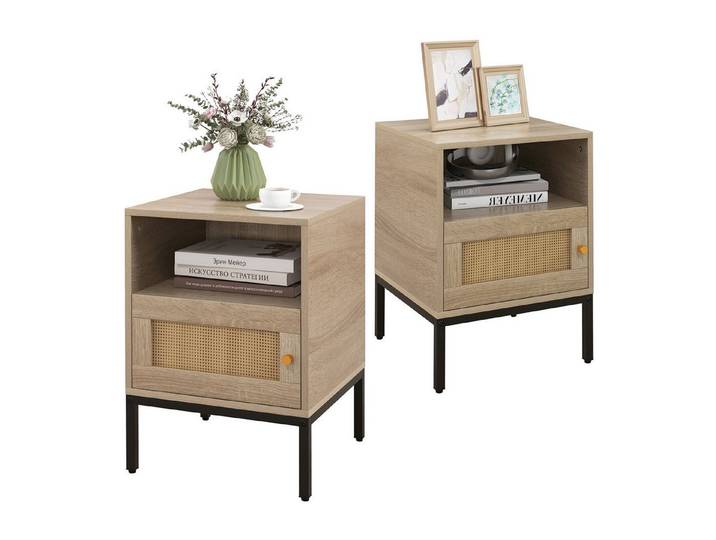 COSTWAY Nachttisch (2-St), Rattan, mit offenem Regal und Schrank, 40x40x57 cm