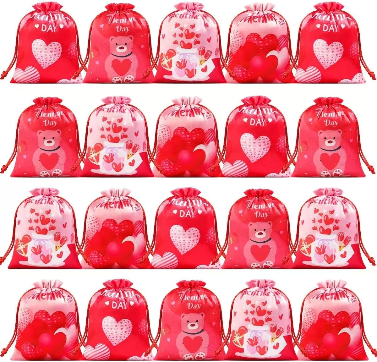 INF Sachet à cordon pour bonbons de Saint-Valentin - Lot de 20 - Sacs cadeaux en satin rouge avec cœurs