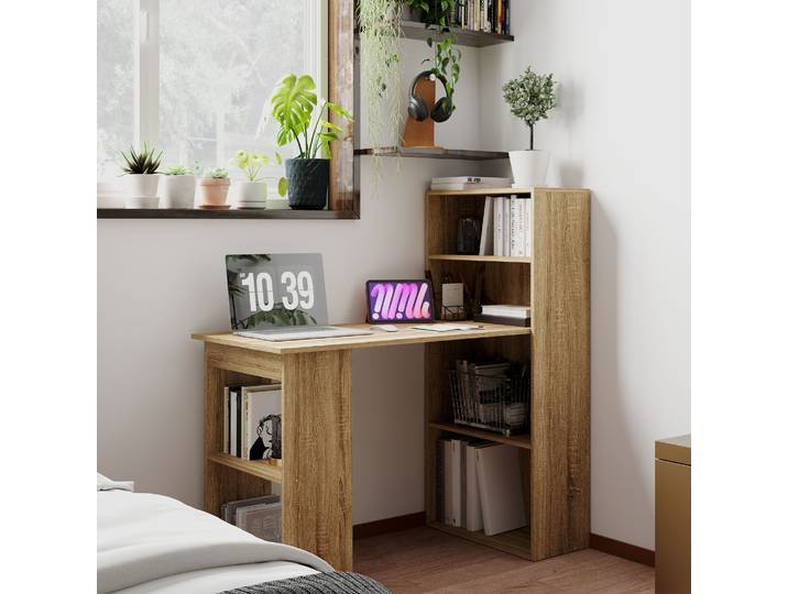 HOMCOM Bureau d'Angle Bois avec Bibliothèque - Chêne