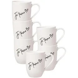 BECHER MIT HENKEL 'JE T'AIME' Becher Liebe Statement weiß 290 ml 6er Set