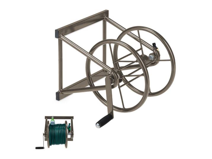 Relaxdays Schlauchtrommel Braun Wandmontage Stahl 60 m, Metall, Kunststoff, 55x36x50 cm, Gartenzubehör, Gartenpflege, Bewässerung