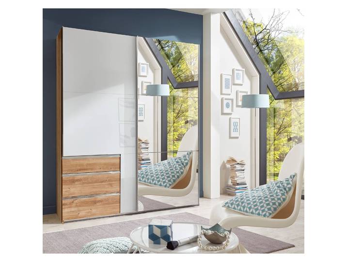 Schwebetürenschrank Level 36 D IV 200 x 216cm Weiß/Hochglanz Weiß/Eiche Dekor