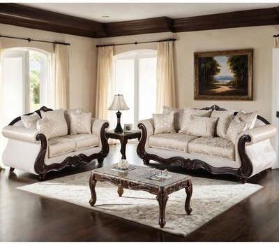 Furniture of America Omira USA Made Traditional 2-Piece Beige and Dark Cherry Sofa Set