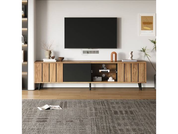 Meuble TV 175 cm pour Écran 75 Pouces 3 Placards Niche en Verre Trempé 6 Pieds