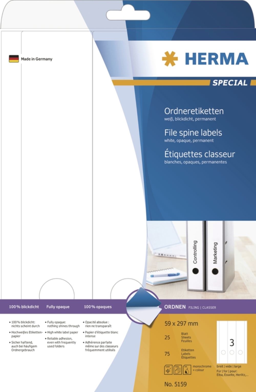 Herma 5159 blickdicht Ordneretiketten 5.9x29.7 cm (25 Blatt (75 Etiketten))