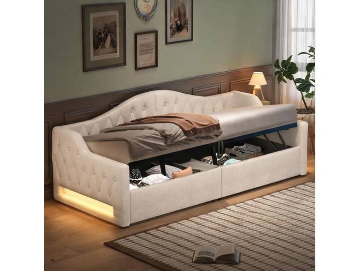 Lit banquette gainé lin beige avec LED 7 couleurs et coffre sous assise 90x200 cm