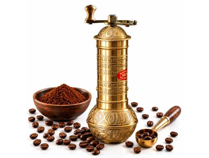 Sozen Manuelle Kaffeemühle Messing - Verstellbare Handkurbel Burr Mühle für türkischen Kaffee, Espresso & French Press (7,6 Zoll - gehämmertes Messing)