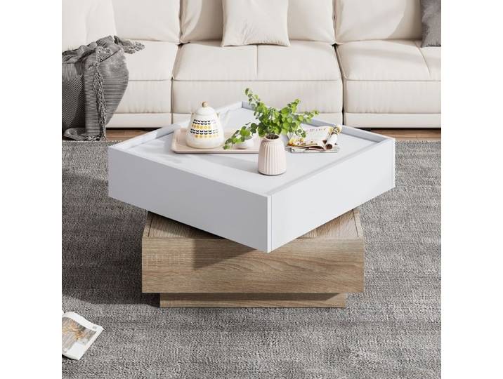 Table Basse Salon Carré avec 2 Tiroirs et Table pivotante à 360° Table d'appoint Design Moderne 60x60x38cm Noyer