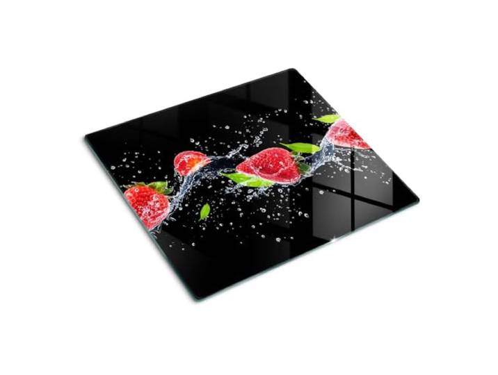 Küchenbrett Glas 60x52 cm Dünn Glasplatte Dekorativ Gehärtetes Glas für die Küche Plastikfrei Antibakteriell Lebensmittelecht Rutschfest Silikonfüße Hitzebeständig - Erdbeeren und Wasser