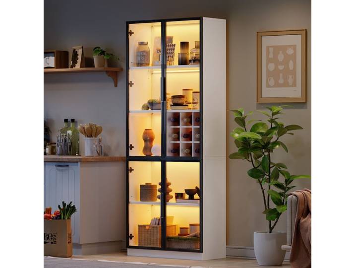 Norevia Vitrine Verre Blanche LED 80x35x200cm Meuble Salon 2 Portes Armoire Exposition et Bibliothèque