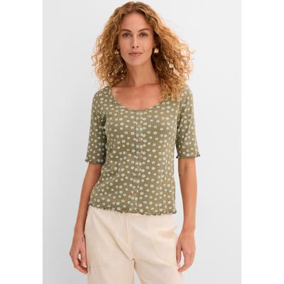 T-Shirt BONPRIX "Ripp-Shirt mit Blumendruck, Halbarm", Damen, Gr. 52/54 (XXL), grün (oliv geblümt), Web, Obermaterial: 100% Baumwolle, bedruckt, bequem normal, U-Boot-Ausschnitt, gesmokt, Shirts T-Shirt, bequeme Passform, Halbarm-Design, mit...