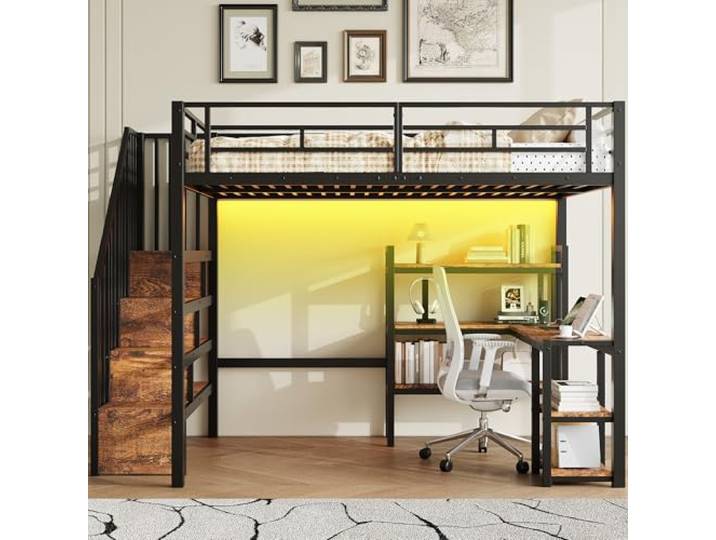 Metallbett Hochbett 140x200 mit LED-Licht & Schreibtisch & Treppe, Schwarz Multifunktionales Kinderbett Jugendbett 140x200 mit LED-Beleuchtung, Schreibtisch, Ladestation und Treppe, Ohne Matratze