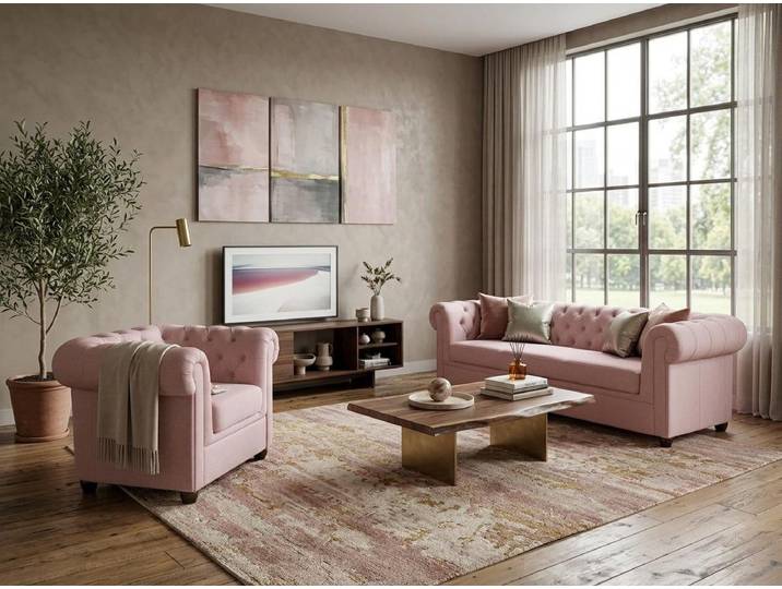 JVmoebel Chesterfield-Sofa Klassisches hellrosa Chesterfield-Sofa 3-Sitzer gesteppt, 2 Teile, Made in Europa