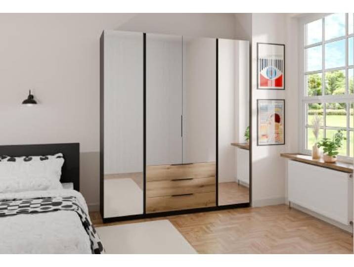AX Living Nehir Schrank 200 cm Schwarz/Eiche Evoke, 4 Spiegeltüren + 3S 4 Spiegeltüren; 3 Schubladen – clever organisiert.