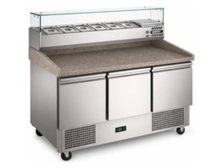 Table à pizza réfrigérée - 3 portes 1400 mm - Plan granit - Vitrine saladette 6 GN 1/4 - 368 L
