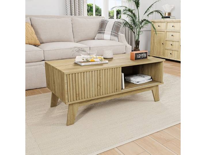 Table basse 95x41x48cm - Table basse avec porte coulissante à lattes et compartiment ouvert - Style Naturel - Marron