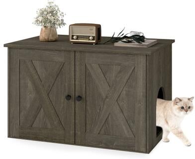 Costway Hidden Cat Litter Box Enclosure Furniture with Divider-Oak
