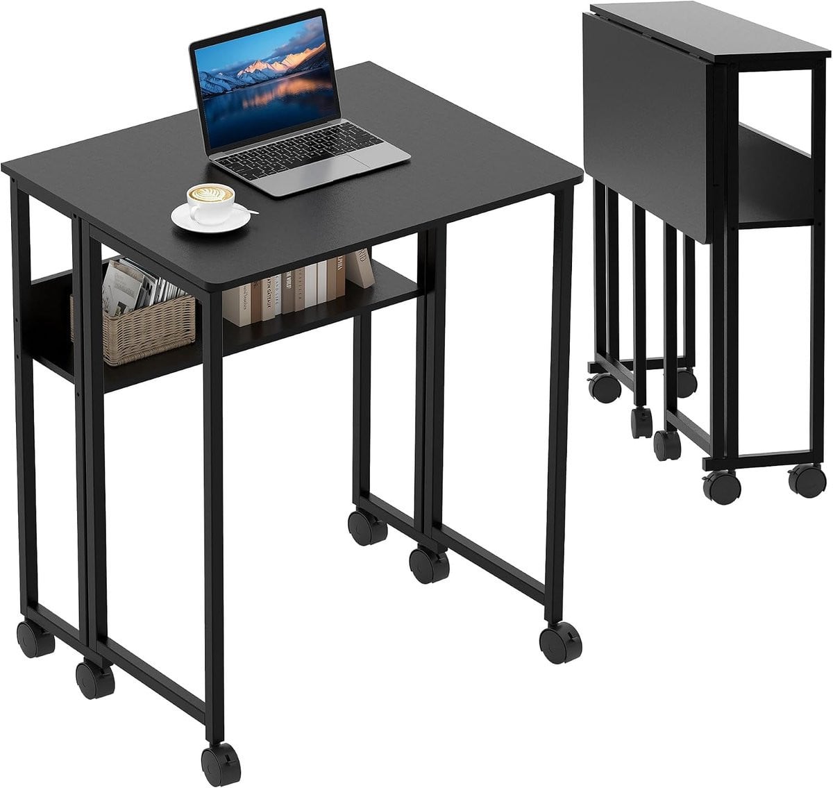 Compact Inklapbaar Bureau op Wielen met Opbergplank - Zwart - B/D/H: 63 x 50 x 75 cm