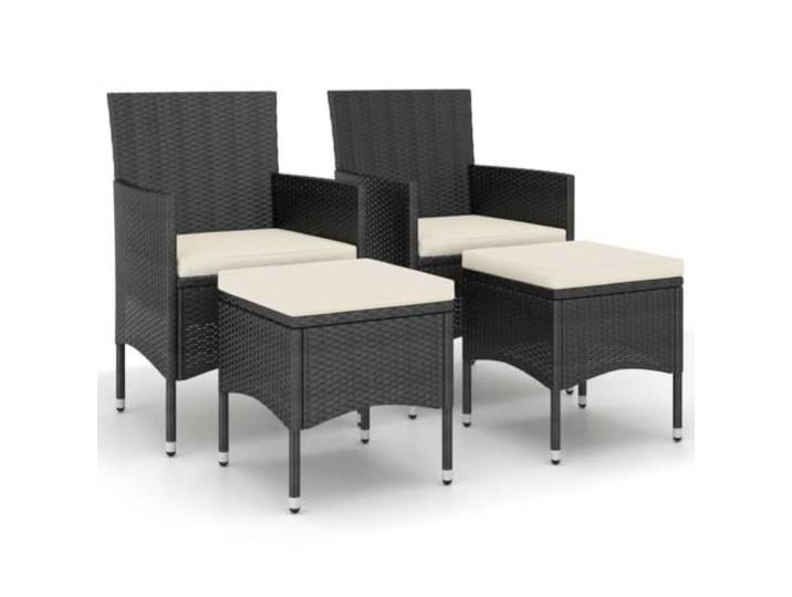KUTYWEXFM 4-tlg Gartenstuhl und Hocker Set Poly Rattan Schwarz Bequeme Sitzgruppe für Balkon und Veranda mit weich gepolsterten Kissen und flexibel einsetzbaren Fußhockern.