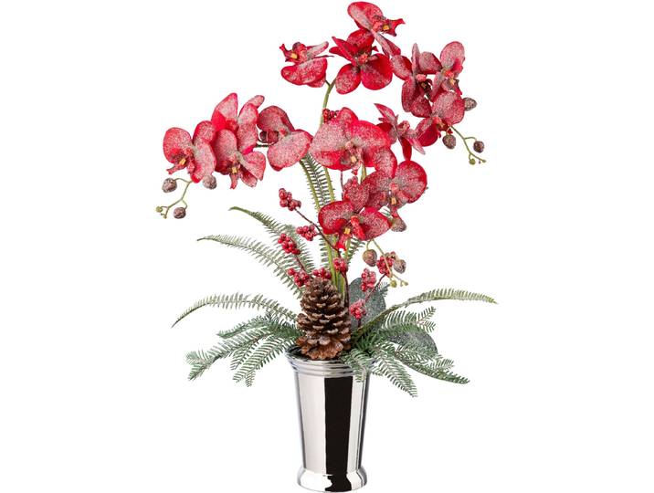 Winterliche Kunstpflanze CREATIV GREEN Weihnachtsdeko , rot, H:70cm, Polyester, Kunstpflanzen, Winterliche Kunstpflanze, Gesteck in Keramikvase, dekoriert mit Zapfen, Beeren und Farnzweigen