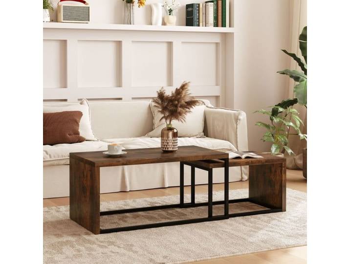 Table Basse 90x48x42cm Lot de 2 Style Industriel - Table basse salon - Bois Rustique Cadre Métal Noir Design Gigogne Gain de Place
