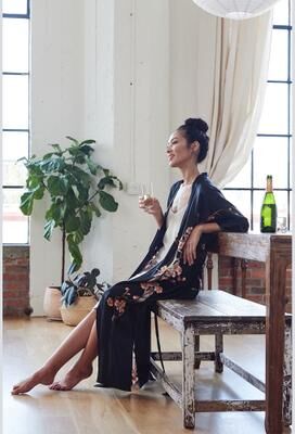 KIM + ONO Hand-Painted Silk Cherry Blossom Kimono Robe - Long   KIM+ONO - black blush / one size